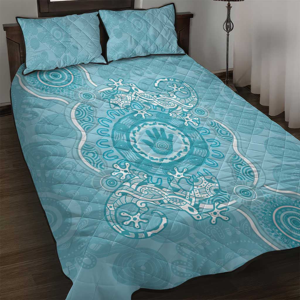 Blue Australia Lizard With Aboriginal Art Quilt Bed Set