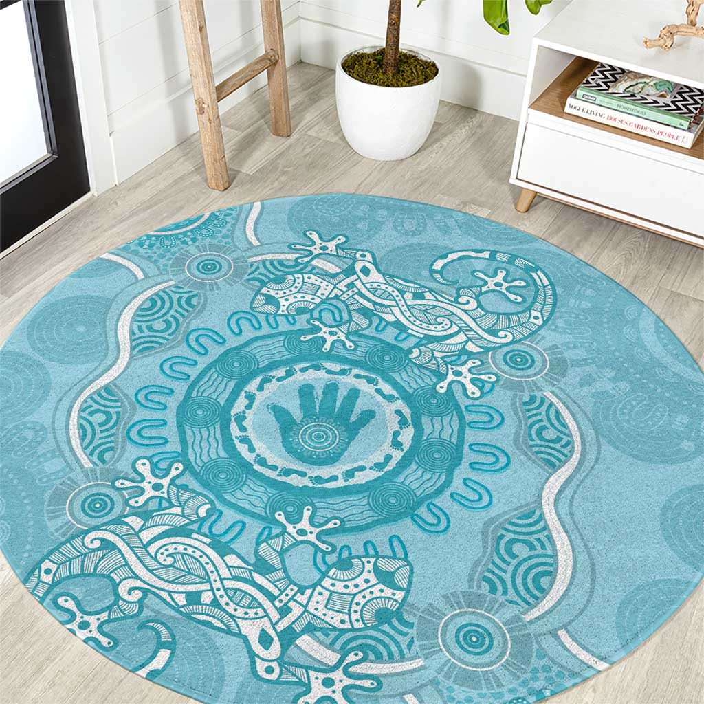Blue Australia Lizard With Aboriginal Art Round Carpet
