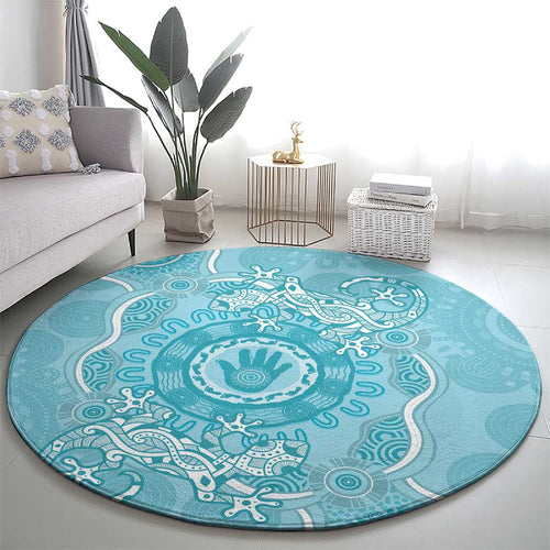 Blue Australia Lizard With Aboriginal Art Round Carpet