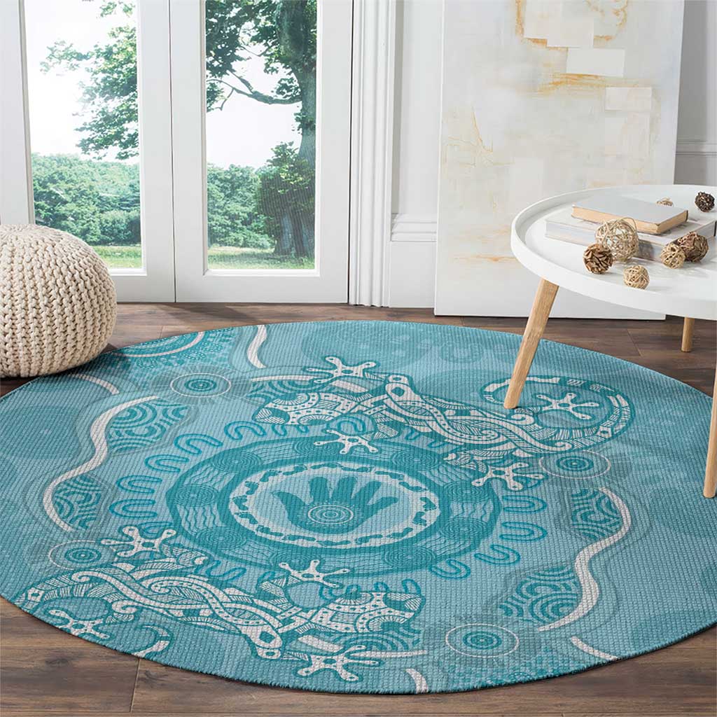 Blue Australia Lizard With Aboriginal Art Round Carpet