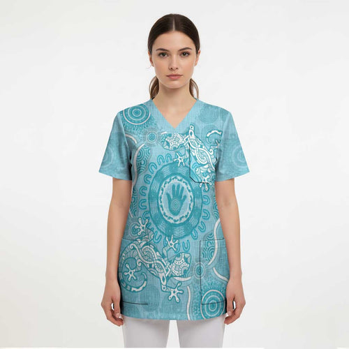 Blue Australia Lizard With Aboriginal Art Scrub Top - Aussie Hoodie