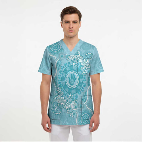 Blue Australia Lizard With Aboriginal Art Scrub Top - Aussie Hoodie