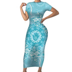 Blue Australia Lizard With Aboriginal Art Short Sleeve Bodycon Dress