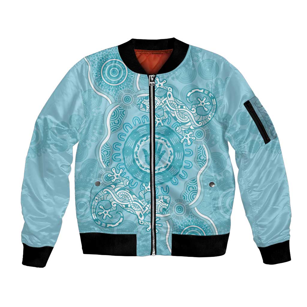 Blue Australia Lizard With Aboriginal Art Sleeve Zip Bomber Jacket