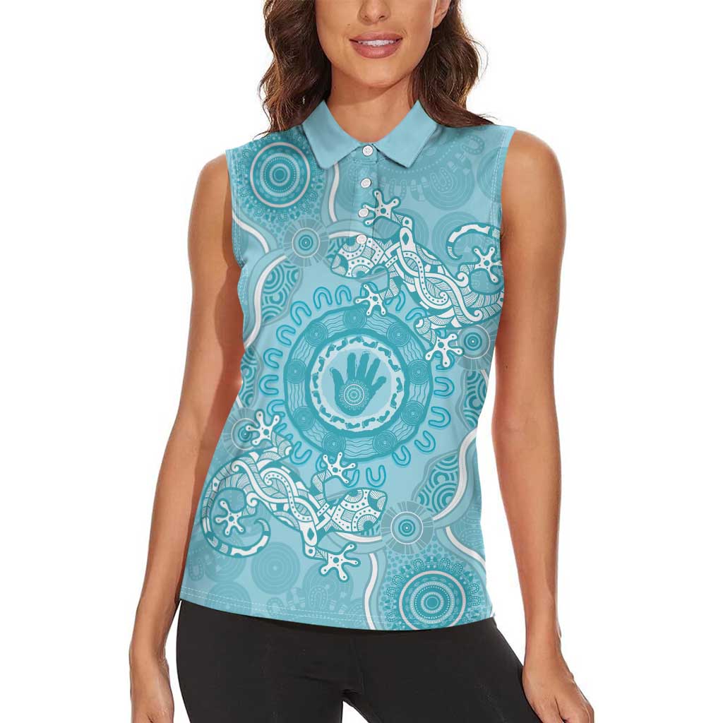 Blue Australia Lizard With Aboriginal Art Women Sleeveless Polo Shirt