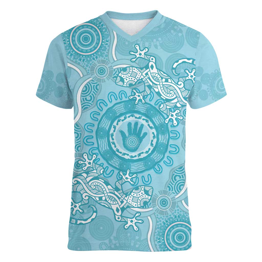 Blue Australia Lizard With Aboriginal Art Women V-Neck T-Shirt