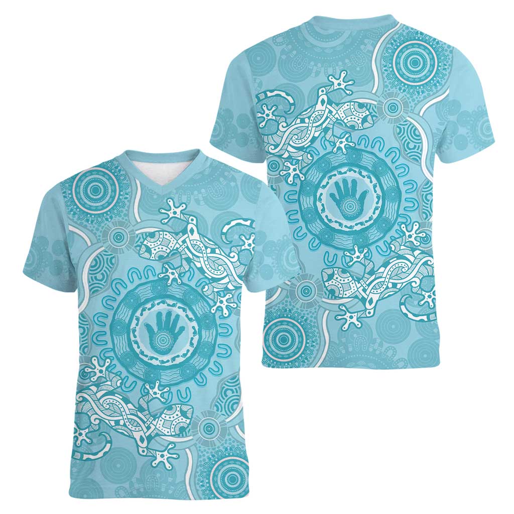 Blue Australia Lizard With Aboriginal Art Women V-Neck T-Shirt
