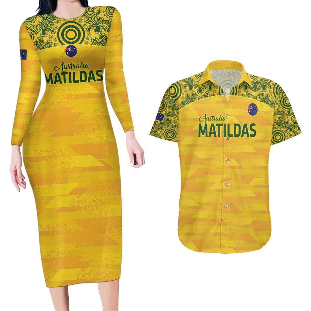 Custom Australia Matildas Couples Matching Long Sleeve Bodycon Dress and Hawaiian Shirt National Color Indigenous Art
