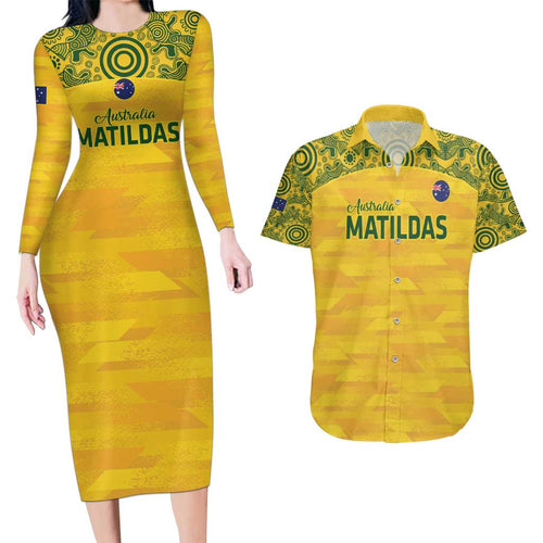 Custom Australia Matildas Couples Matching Long Sleeve Bodycon Dress and Hawaiian Shirt National Color Indigenous Art