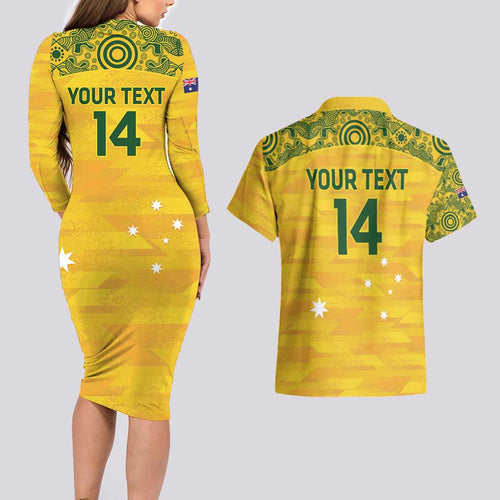 Custom Australia Matildas Couples Matching Long Sleeve Bodycon Dress and Hawaiian Shirt National Color Indigenous Art