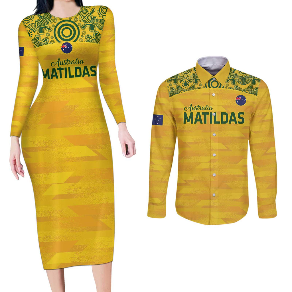 Custom Australia Matildas Couples Matching Long Sleeve Bodycon Dress and Long Sleeve Button Shirt National Color Indigenous Art