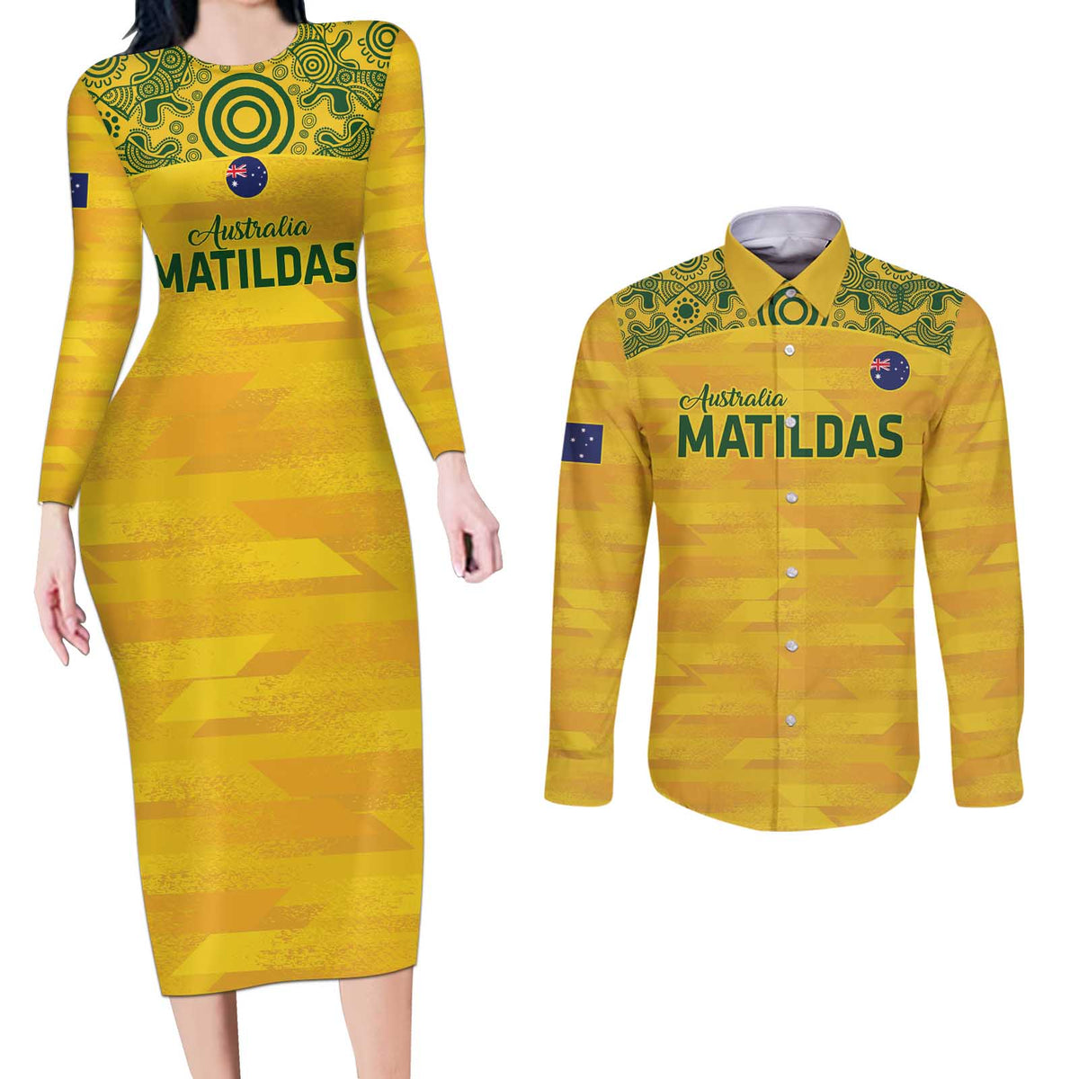 Custom Australia Matildas Couples Matching Long Sleeve Bodycon Dress and Long Sleeve Button Shirt National Color Indigenous Art
