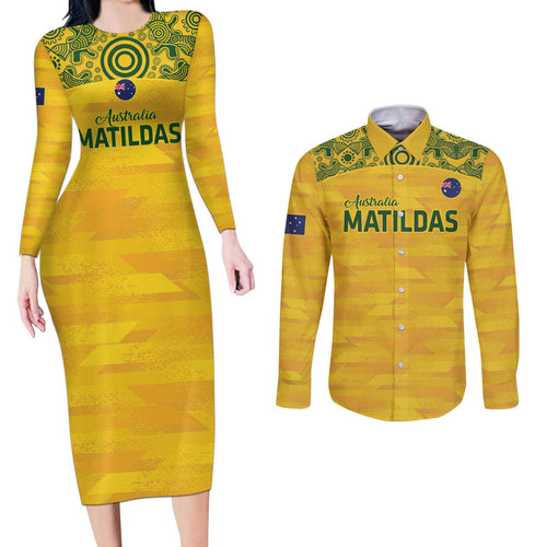 Custom Australia Matildas Couples Matching Long Sleeve Bodycon Dress and Long Sleeve Button Shirt National Color Indigenous Art