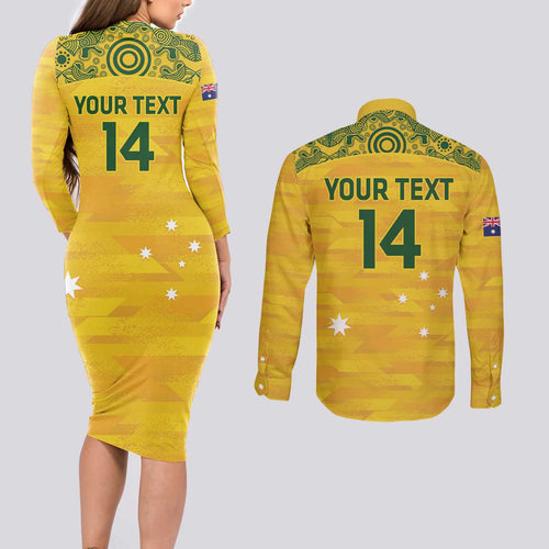 Custom Australia Matildas Couples Matching Long Sleeve Bodycon Dress and Long Sleeve Button Shirt National Color Indigenous Art