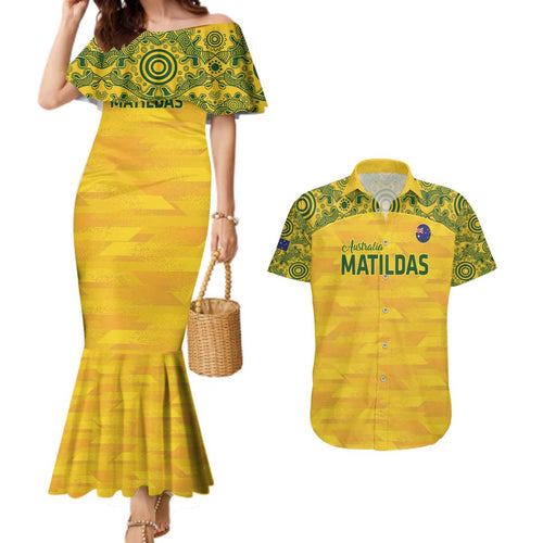 Custom Australia Matildas Couples Matching Mermaid Dress and Hawaiian Shirt National Color Indigenous Art