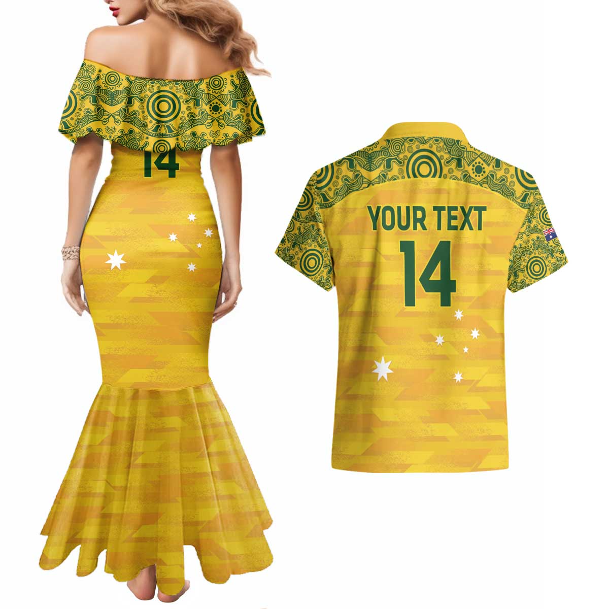 Custom Australia Matildas Couples Matching Mermaid Dress and Hawaiian Shirt National Color Indigenous Art