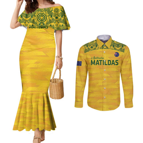 Custom Australia Matildas Couples Matching Mermaid Dress and Long Sleeve Button Shirt National Color Indigenous Art