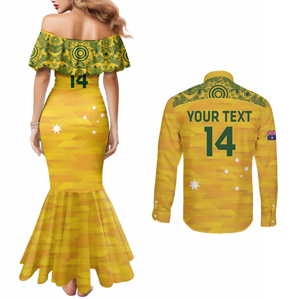 Custom Australia Matildas Couples Matching Mermaid Dress and Long Sleeve Button Shirt National Color Indigenous Art