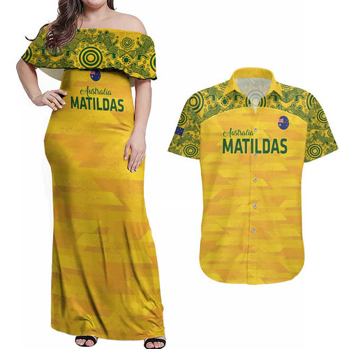 Custom Australia Matildas Couples Matching Off Shoulder Maxi Dress and Hawaiian Shirt National Color Indigenous Art