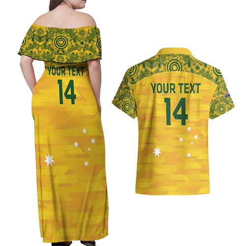 Custom Australia Matildas Couples Matching Off Shoulder Maxi Dress and Hawaiian Shirt National Color Indigenous Art