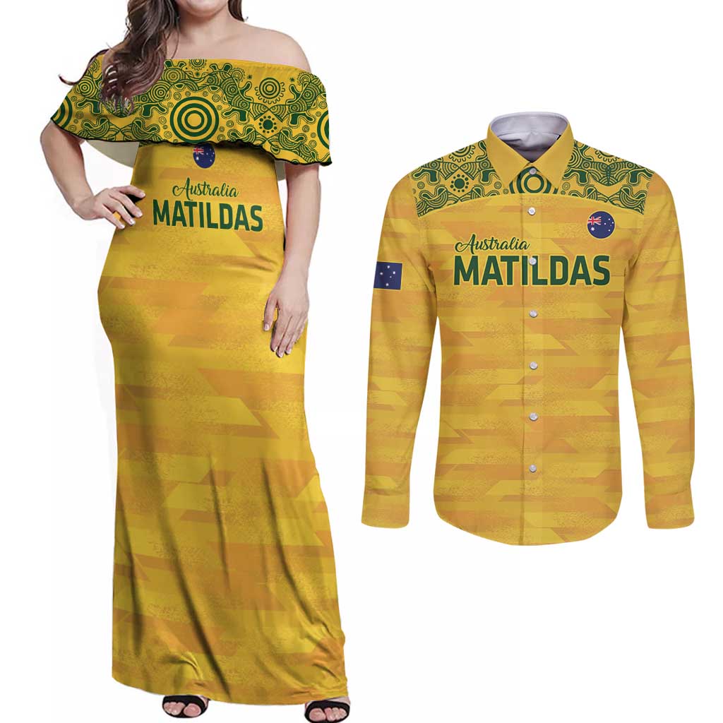 Custom Australia Matildas Couples Matching Off Shoulder Maxi Dress and Long Sleeve Button Shirt National Color Indigenous Art