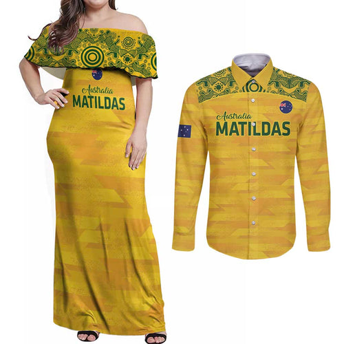 Custom Australia Matildas Couples Matching Off Shoulder Maxi Dress and Long Sleeve Button Shirt National Color Indigenous Art