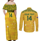 Custom Australia Matildas Couples Matching Off Shoulder Maxi Dress and Long Sleeve Button Shirt National Color Indigenous Art