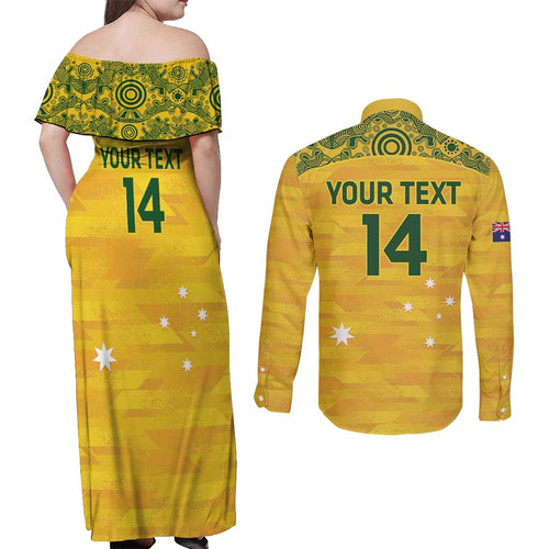 Custom Australia Matildas Couples Matching Off Shoulder Maxi Dress and Long Sleeve Button Shirt National Color Indigenous Art