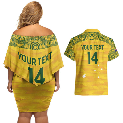 Custom Australia Matildas Couples Matching Off Shoulder Short Dress and Hawaiian Shirt National Color Indigenous Art