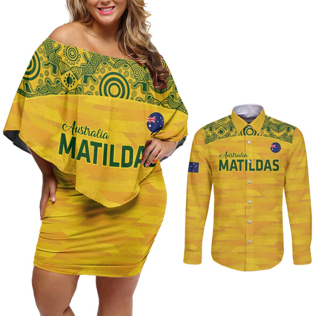 Custom Australia Matildas Couples Matching Off Shoulder Short Dress and Long Sleeve Button Shirt National Color Indigenous Art