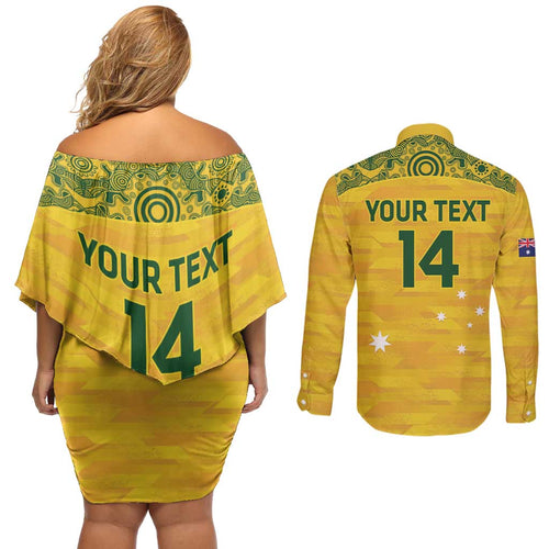 Custom Australia Matildas Couples Matching Off Shoulder Short Dress and Long Sleeve Button Shirt National Color Indigenous Art