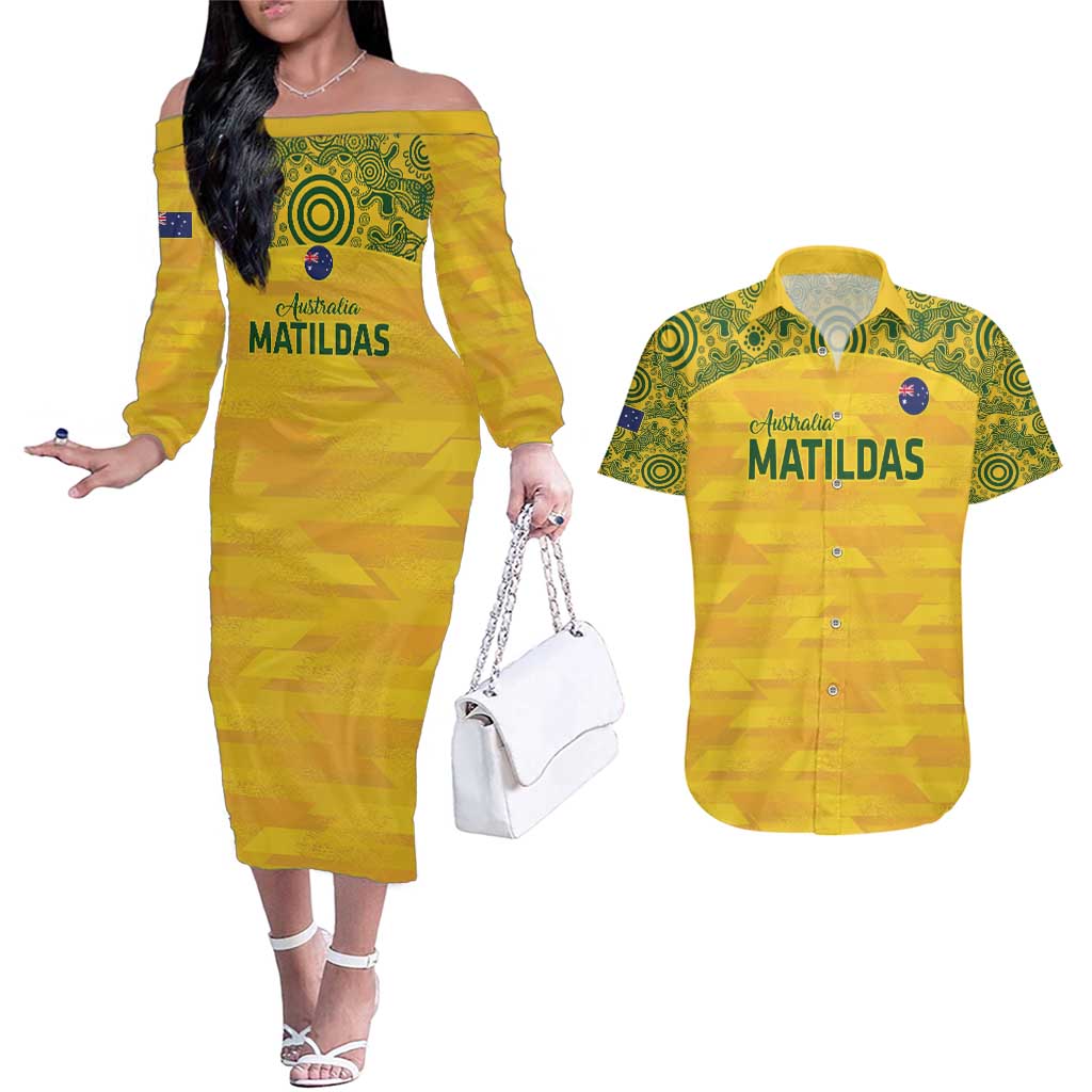 Custom Australia Matildas Couples Matching Off The Shoulder Long Sleeve Dress and Hawaiian Shirt National Color Indigenous Art