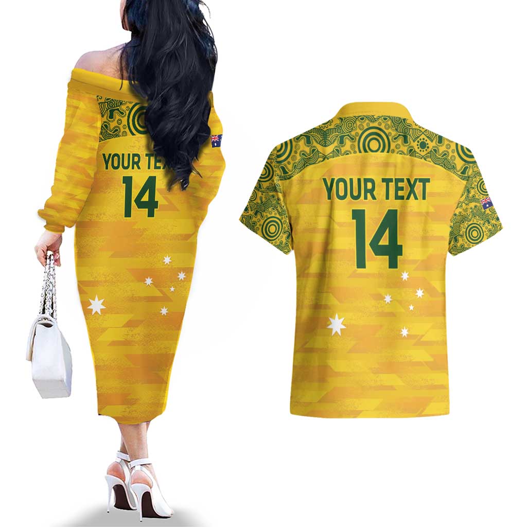 Custom Australia Matildas Couples Matching Off The Shoulder Long Sleeve Dress and Hawaiian Shirt National Color Indigenous Art