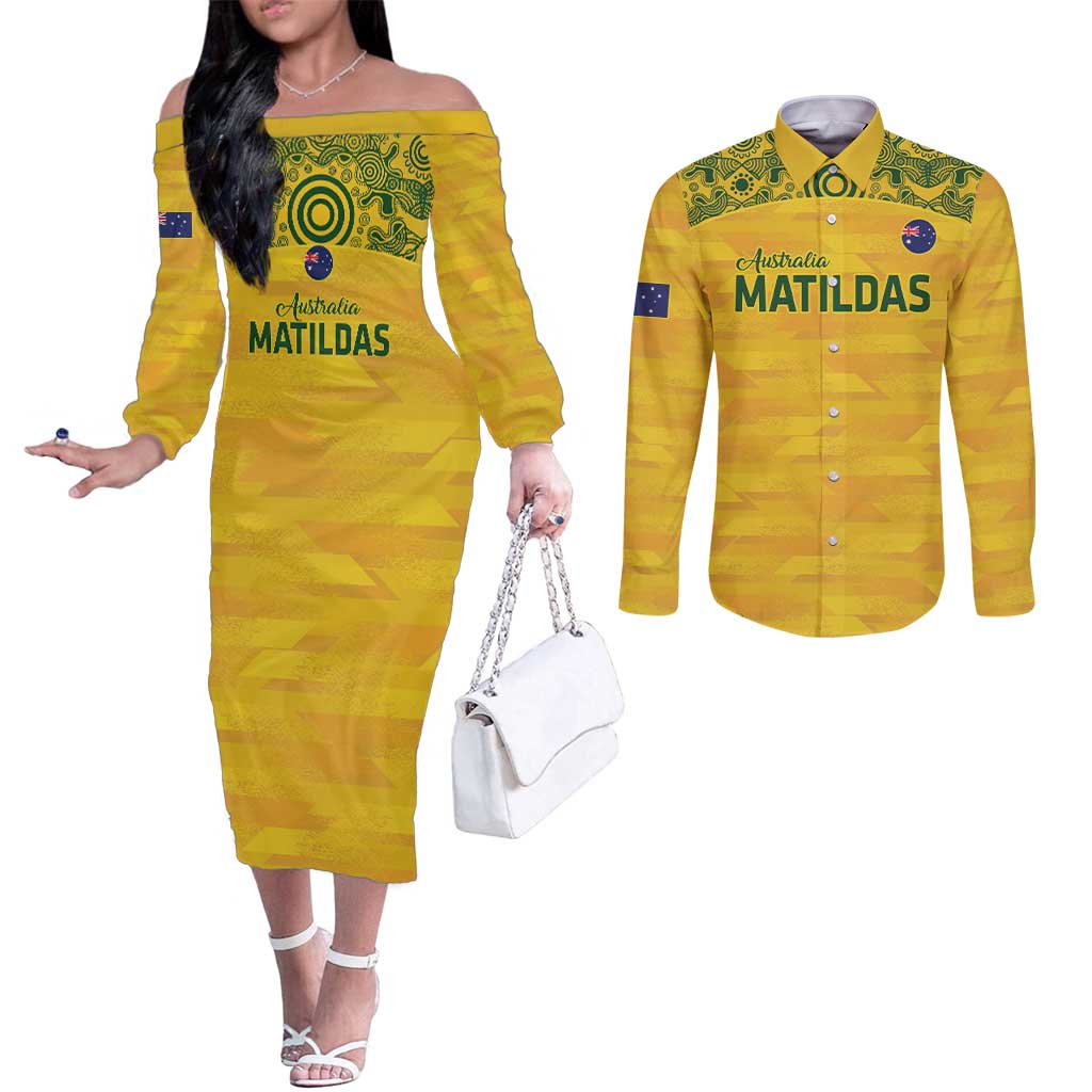 Custom Australia Matildas Couples Matching Off The Shoulder Long Sleeve Dress and Long Sleeve Button Shirt National Color Indigenous Art