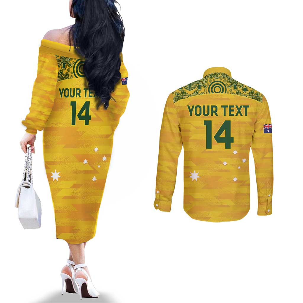 Custom Australia Matildas Couples Matching Off The Shoulder Long Sleeve Dress and Long Sleeve Button Shirt National Color Indigenous Art