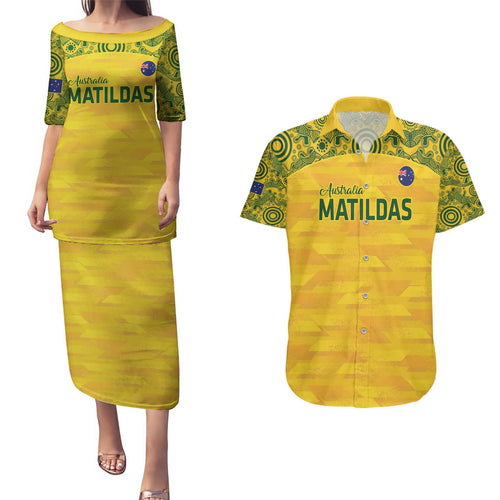 Custom Australia Matildas Couples Matching Puletasi and Hawaiian Shirt National Color Indigenous Art