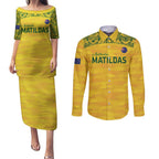 Custom Australia Matildas Couples Matching Puletasi and Long Sleeve Button Shirt National Color Indigenous Art