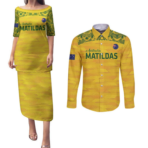 Custom Australia Matildas Couples Matching Puletasi and Long Sleeve Button Shirt National Color Indigenous Art
