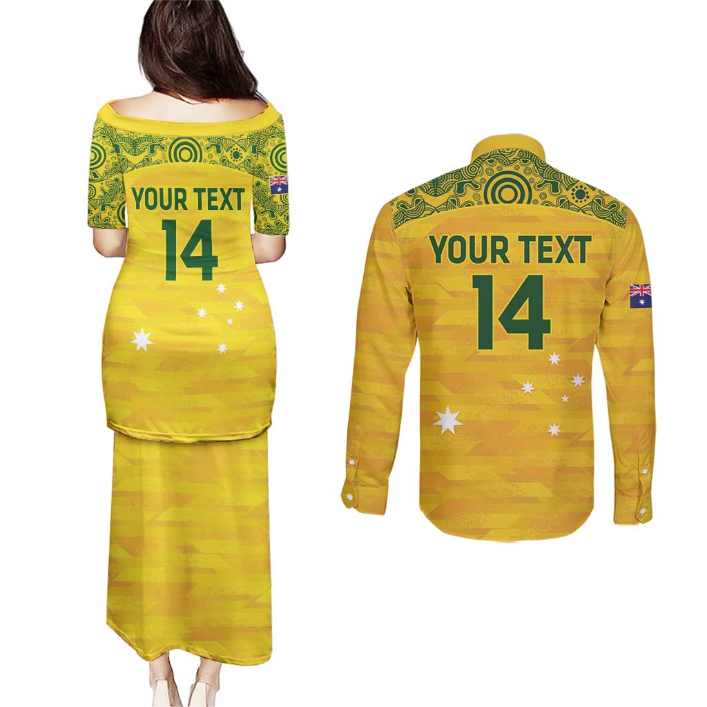 Custom Australia Matildas Couples Matching Puletasi and Long Sleeve Button Shirt National Color Indigenous Art