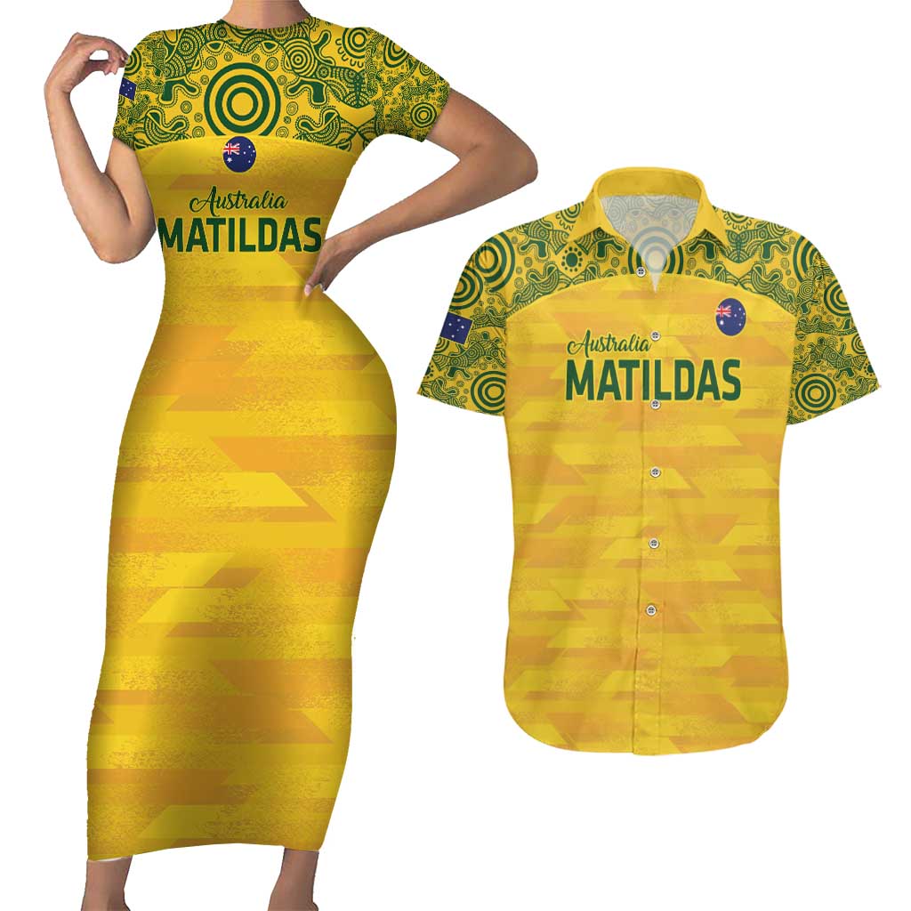 Custom Australia Matildas Couples Matching Short Sleeve Bodycon Dress and Hawaiian Shirt National Color Indigenous Art