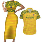 Custom Australia Matildas Couples Matching Short Sleeve Bodycon Dress and Hawaiian Shirt National Color Indigenous Art