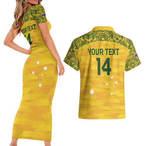 Custom Australia Matildas Couples Matching Short Sleeve Bodycon Dress and Hawaiian Shirt National Color Indigenous Art