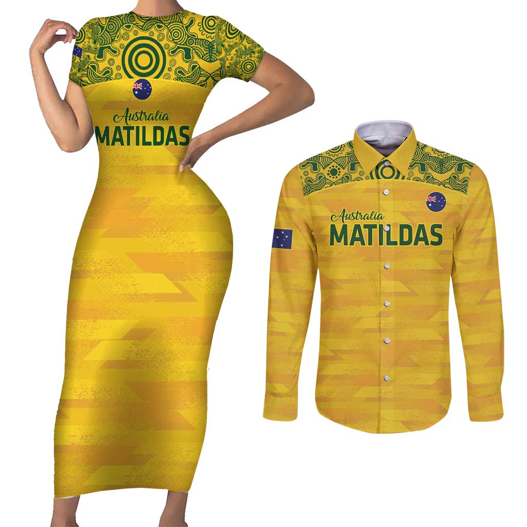 Custom Australia Matildas Couples Matching Short Sleeve Bodycon Dress and Long Sleeve Button Shirt National Color Indigenous Art