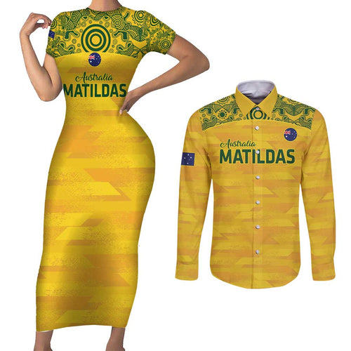 Custom Australia Matildas Couples Matching Short Sleeve Bodycon Dress and Long Sleeve Button Shirt National Color Indigenous Art