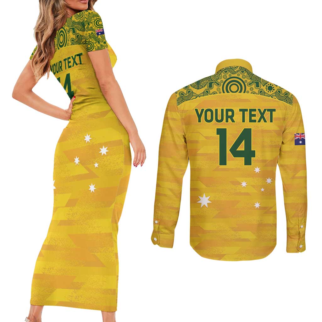 Custom Australia Matildas Couples Matching Short Sleeve Bodycon Dress and Long Sleeve Button Shirt National Color Indigenous Art
