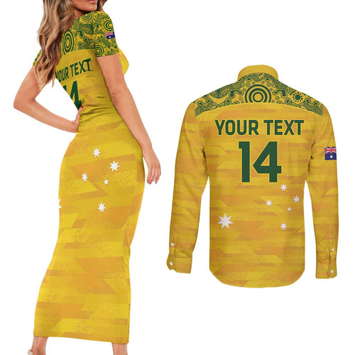 Custom Australia Matildas Couples Matching Short Sleeve Bodycon Dress and Long Sleeve Button Shirt National Color Indigenous Art