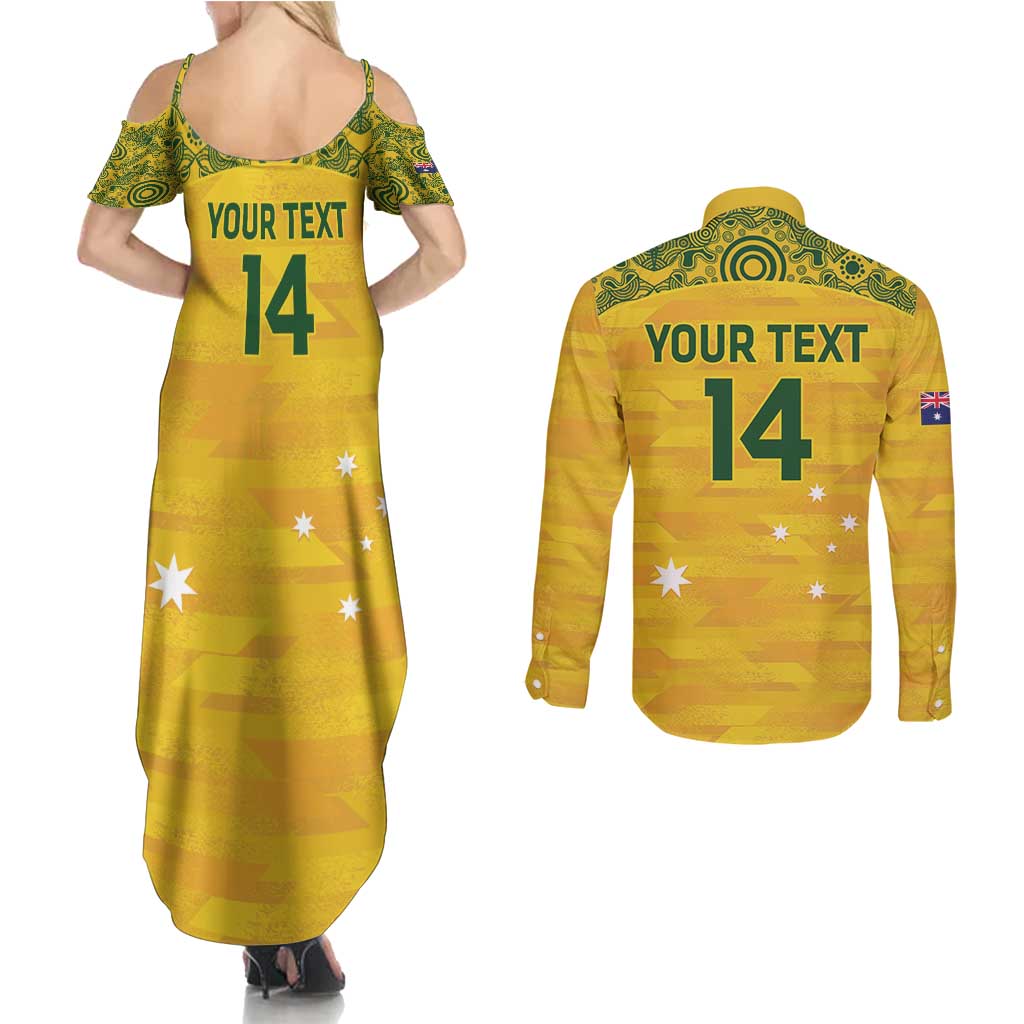 Custom Australia Matildas Couples Matching Summer Maxi Dress and Long Sleeve Button Shirt National Color Indigenous Art