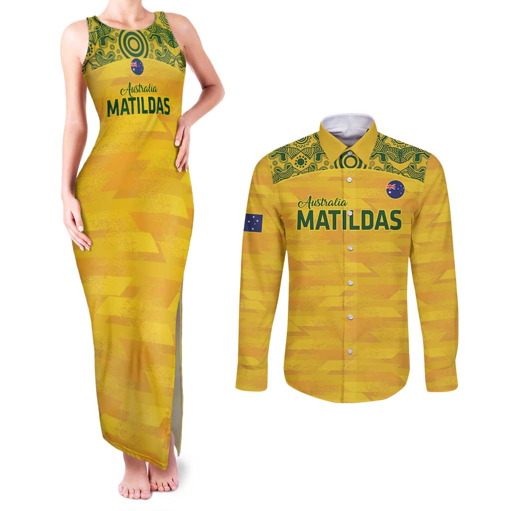 Custom Australia Matildas Couples Matching Tank Maxi Dress and Long Sleeve Button Shirt National Color Indigenous Art