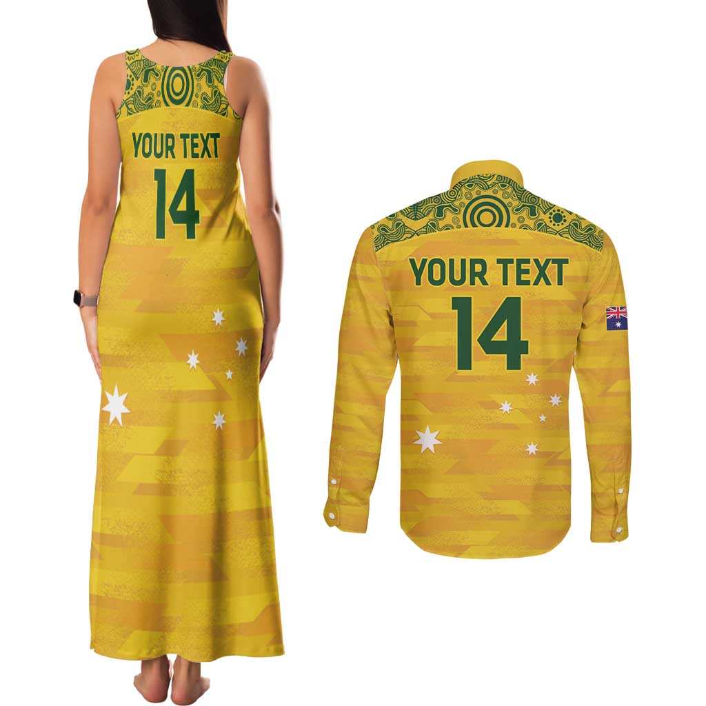 Custom Australia Matildas Couples Matching Tank Maxi Dress and Long Sleeve Button Shirt National Color Indigenous Art