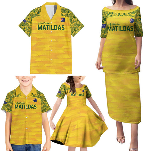 Custom Australia Matildas Family Matching Puletasi and Hawaiian Shirt National Color Indigenous Art
